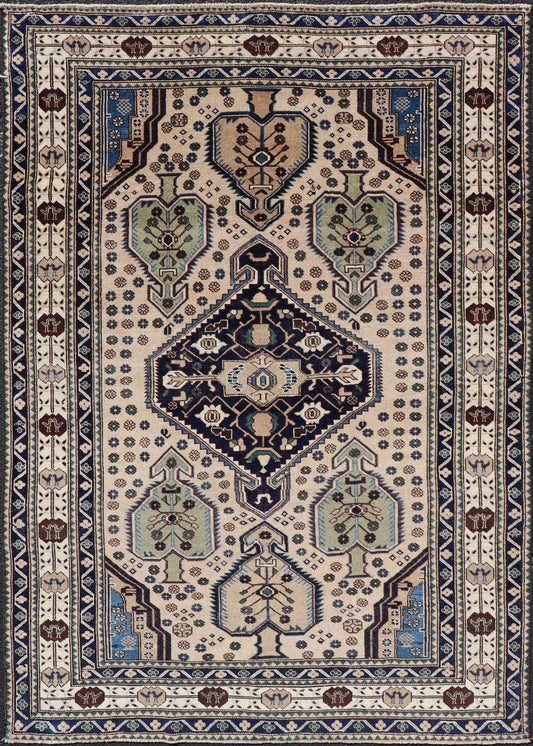 Antique Caucasian Shirvan Rug in Blue, Green, and Cream with Tribal Design. Keivan Woven Arts / rug EMB - 22186 - 15067, country of origin / type: Caucasus / Kazak, circa late - 19th Century. Measures: 4'8 x 6'8 The field of this Caucasian piece featu... - Keivan Woven ArtsEMB - 22186 - 15067 - 20625Rug