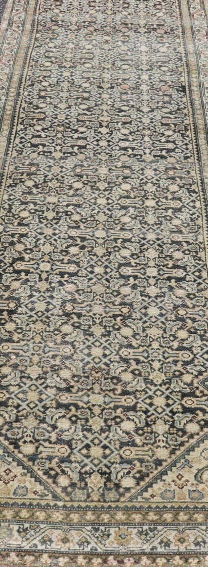 Measures: 3'3 x 12'0 Antique Persian Hamedan Runner with Sub - Geometric Design in Gray and Cream. Keivan Woven Arts / rug EMB - 22187 - 15068, country of origin / type: Iran / Hamedan, circa 1920 This antique Persian Hamadan rug has been hand - knot... - Keivan Woven ArtsEMB - 22187 - 15068 - 20631