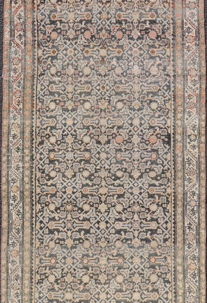 Measures: 3'3 x 12'0 Antique Persian Hamedan Runner with Sub - Geometric Design in Gray and Cream. Keivan Woven Arts / rug EMB - 22187 - 15068, country of origin / type: Iran / Hamedan, circa 1920 This antique Persian Hamadan rug has been hand - knot... - Keivan Woven ArtsEMB - 22187 - 15068 - 20631