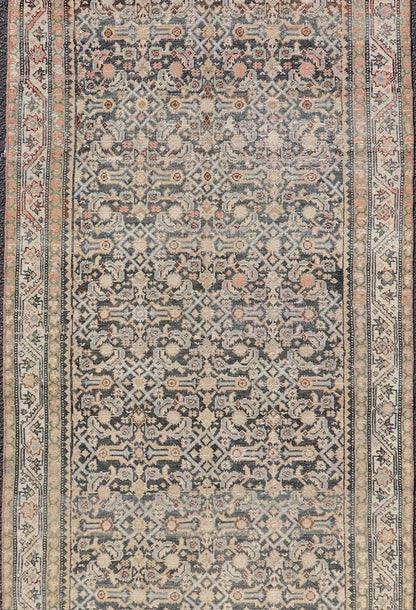 Measures: 3'3 x 12'0 Antique Persian Hamedan Runner with Sub - Geometric Design in Gray and Cream. Keivan Woven Arts / rug EMB - 22187 - 15068, country of origin / type: Iran / Hamedan, circa 1920 This antique Persian Hamadan rug has been hand - knot... - Keivan Woven ArtsEMB - 22187 - 15068 - 20631