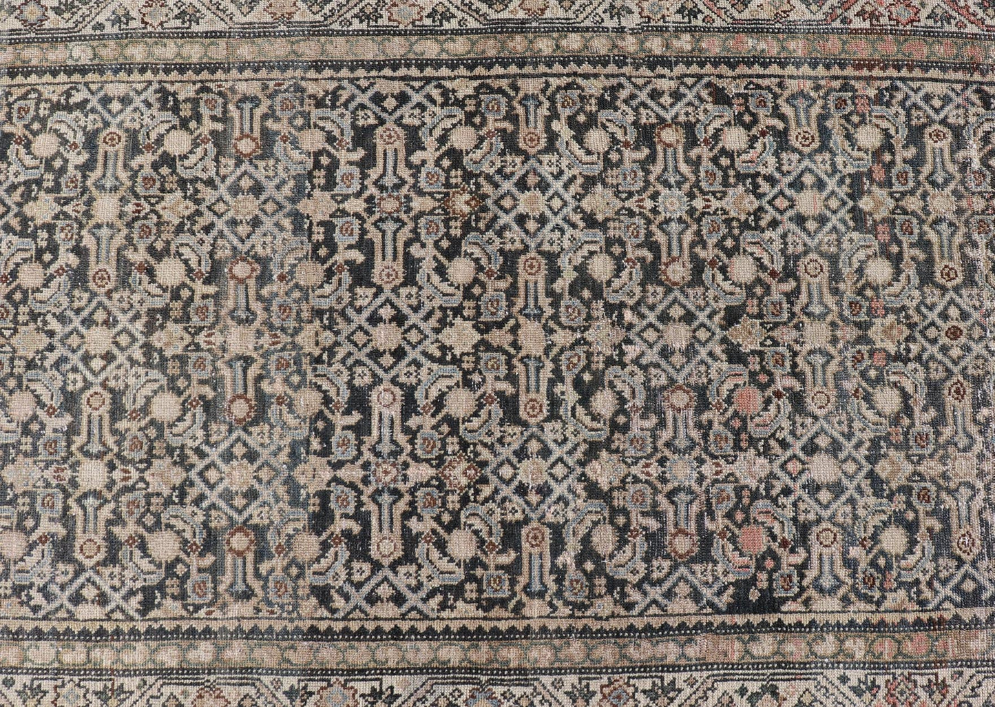 Measures: 3'3 x 12'0 Antique Persian Hamedan Runner with Sub - Geometric Design in Gray and Cream. Keivan Woven Arts / rug EMB - 22187 - 15068, country of origin / type: Iran / Hamedan, circa 1920 This antique Persian Hamadan rug has been hand - knot... - Keivan Woven ArtsEMB - 22187 - 15068 - 20631Rug
