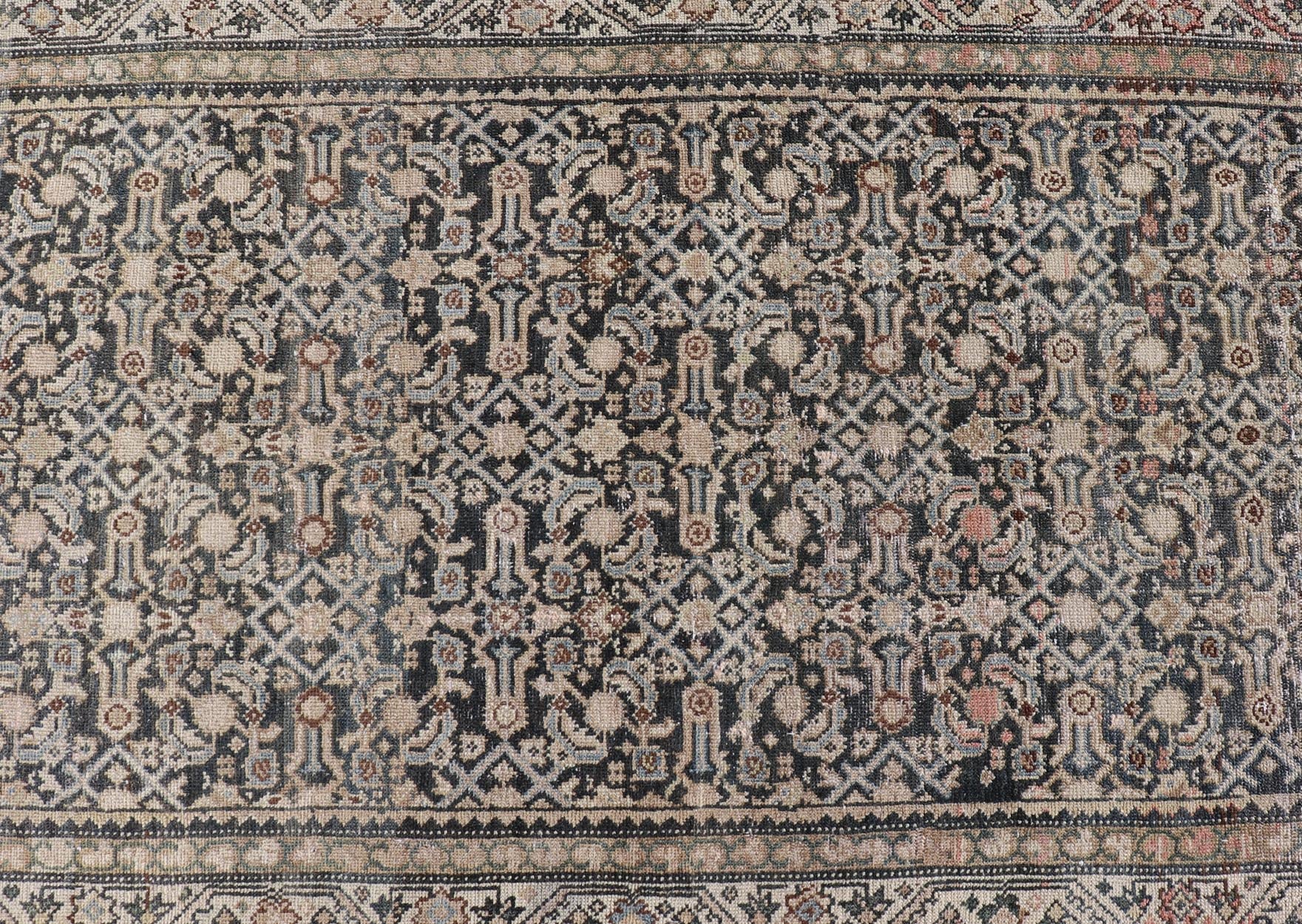 Measures: 3'3 x 12'0 Antique Persian Hamedan Runner with Sub - Geometric Design in Gray and Cream. Keivan Woven Arts / rug EMB - 22187 - 15068, country of origin / type: Iran / Hamedan, circa 1920 This antique Persian Hamadan rug has been hand - knot... - Keivan Woven ArtsEMB - 22187 - 15068 - 20631Rug