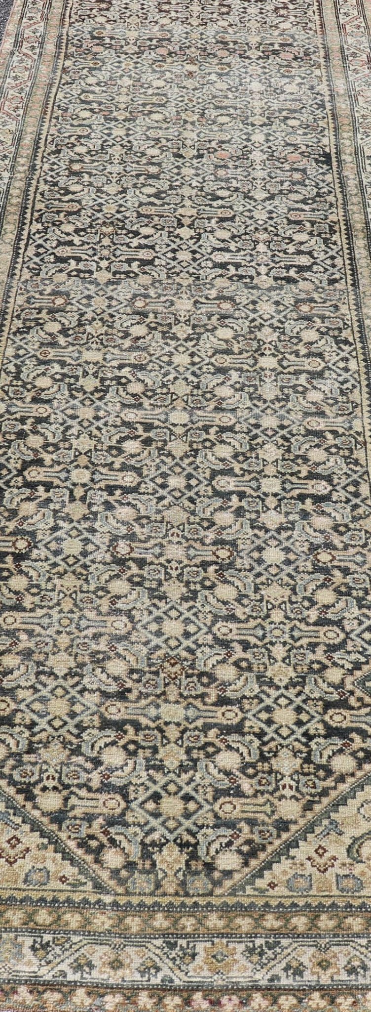 Measures: 3'3 x 12'0 Antique Persian Hamedan Runner with Sub - Geometric Design in Gray and Cream. Keivan Woven Arts / rug EMB - 22187 - 15068, country of origin / type: Iran / Hamedan, circa 1920 This antique Persian Hamadan rug has been hand - knot... - Keivan Woven ArtsEMB - 22187 - 15068 - 20631Rug