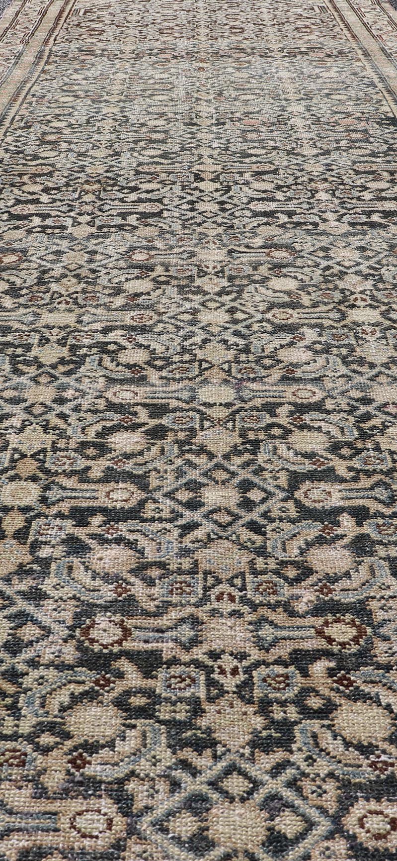 Measures: 3'3 x 12'0 Antique Persian Hamedan Runner with Sub - Geometric Design in Gray and Cream. Keivan Woven Arts / rug EMB - 22187 - 15068, country of origin / type: Iran / Hamedan, circa 1920 This antique Persian Hamadan rug has been hand - knot... - Keivan Woven ArtsEMB - 22187 - 15068 - 20631