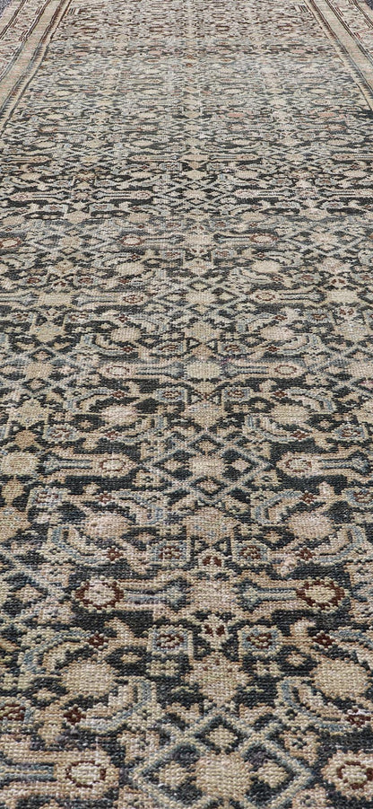 Measures: 3'3 x 12'0 Antique Persian Hamedan Runner with Sub - Geometric Design in Gray and Cream. Keivan Woven Arts / rug EMB - 22187 - 15068, country of origin / type: Iran / Hamedan, circa 1920 This antique Persian Hamadan rug has been hand - knot... - Keivan Woven ArtsEMB - 22187 - 15068 - 20631