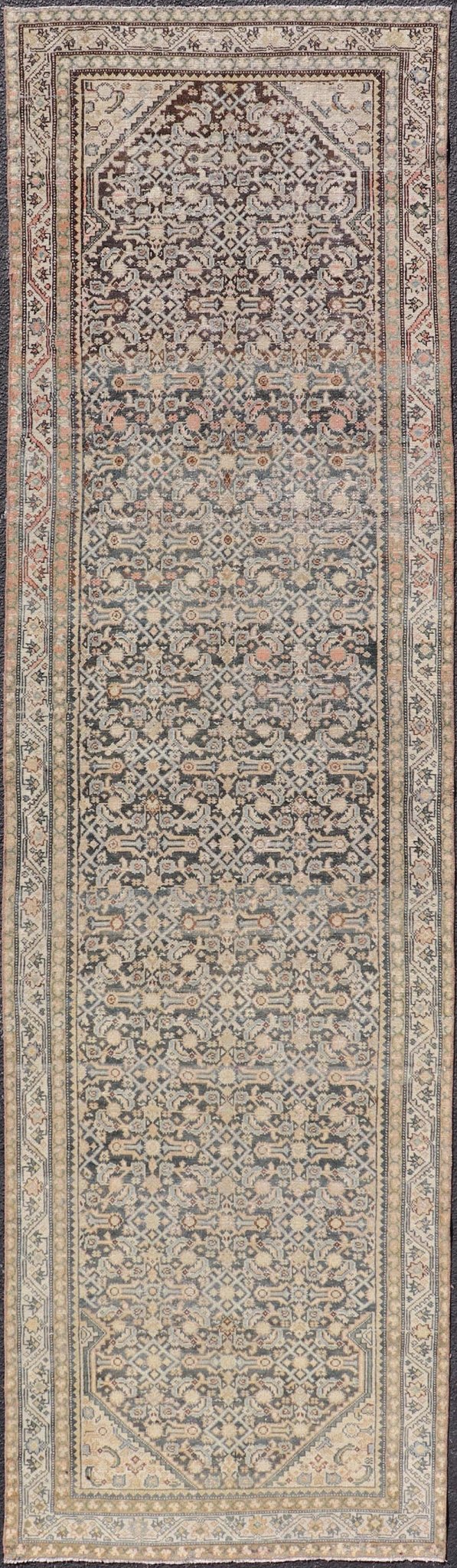 Measures: 3'3 x 12'0 Antique Persian Hamedan Runner with Sub - Geometric Design in Gray and Cream. Keivan Woven Arts / rug EMB - 22187 - 15068, country of origin / type: Iran / Hamedan, circa 1920 This antique Persian Hamadan rug has been hand - knot... - Keivan Woven ArtsEMB - 22187 - 15068 - 20631Rug