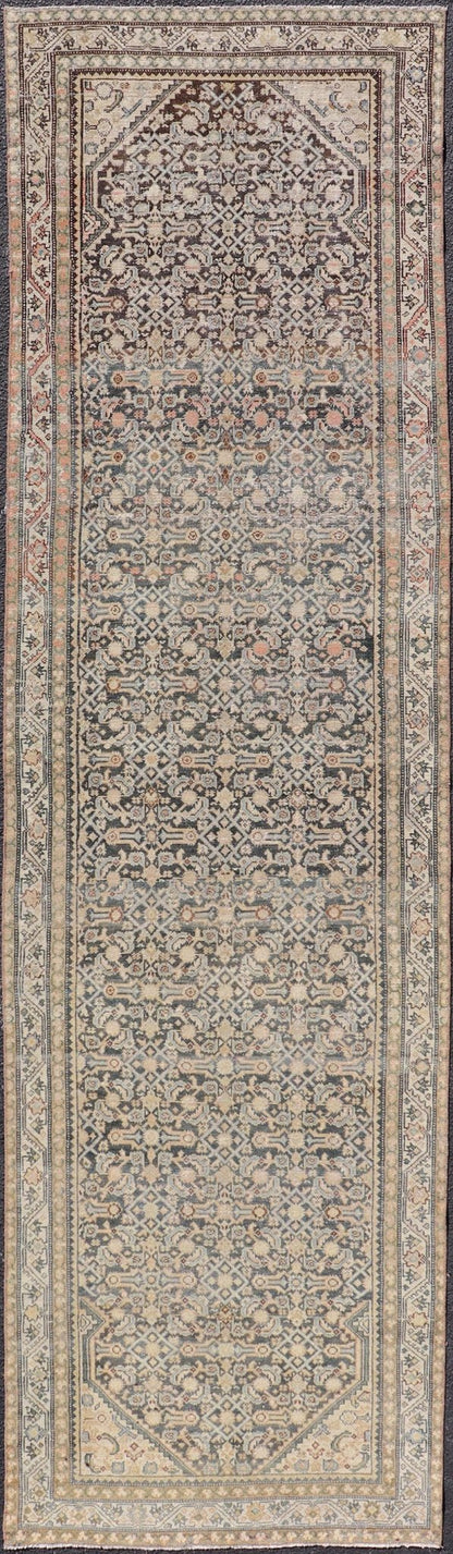 Measures: 3'3 x 12'0 Antique Persian Hamedan Runner with Sub - Geometric Design in Gray and Cream. Keivan Woven Arts / rug EMB - 22187 - 15068, country of origin / type: Iran / Hamedan, circa 1920 This antique Persian Hamadan rug has been hand - knot... - Keivan Woven ArtsEMB - 22187 - 15068 - 20631