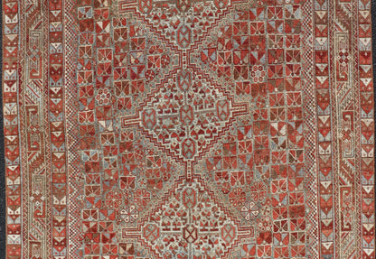 Antique Distressed Persian Medallion Shiraz Rug in Shades Rusty Red & Steel Blue. Keivan Woven Arts / rug EMB - 22190 - 15055, country of origin / type: Iran / Shiraz, circa 1910. Measures: 5'0 x 6'10 This antique distressed Persian Shiraz rug (circ... - Keivan Woven ArtsEMB - 22190 - 15055 - 20565