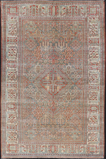 Antique Persian Joshegan Rug with Geometric Medallion Design in Light Blue. Keivan Woven Arts / rug EMB - 22191 - 15094 country of origin / type: Iran / Joshegan, circa 1920 Measures: 4'6 x 7'2 This antique Joshegan rug from 1920's Iran was handwove... - Keivan Woven ArtsEMB - 22191 - 15094 - 20746