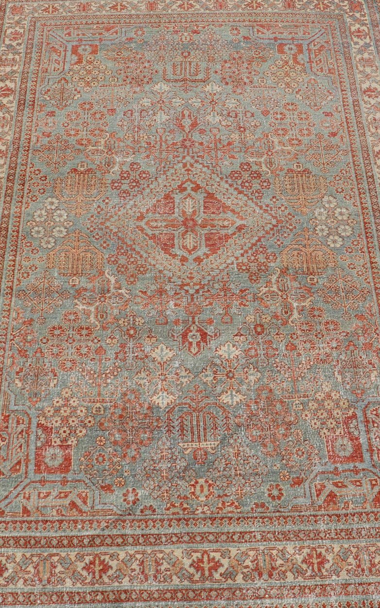 Persian Antique Joshegan Rug with Geometric Medallion Design in Soft Red. Keivan Woven Arts / rug EMB - 22192 - 15092, country of origin / type: Iran / Joshegan, circa 1920 Measures: 4'2 x 6'10 This antique Joshegan rug from 1920's Iran was handwove... - Keivan Woven ArtsEMB - 22192 - 15092 - 20734