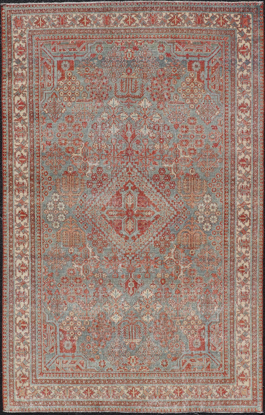 Persian Antique Joshegan Rug with Geometric Medallion Design in Soft Red. Keivan Woven Arts / rug EMB - 22192 - 15092, country of origin / type: Iran / Joshegan, circa 1920 Measures: 4'2 x 6'10 This antique Joshegan rug from 1920's Iran was handwove... - Keivan Woven ArtsEMB - 22192 - 15092 - 20734Rug
