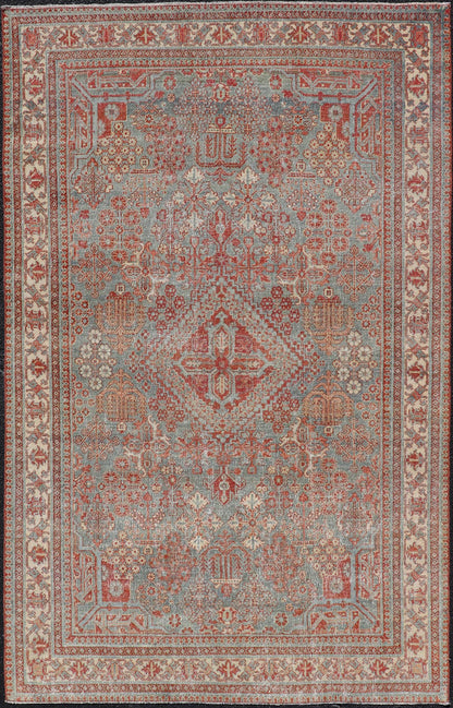 Persian Antique Joshegan Rug with Geometric Medallion Design in Soft Red. Keivan Woven Arts / rug EMB - 22192 - 15092, country of origin / type: Iran / Joshegan, circa 1920 Measures: 4'2 x 6'10 This antique Joshegan rug from 1920's Iran was handwove... - Keivan Woven ArtsEMB - 22192 - 15092 - 20734
