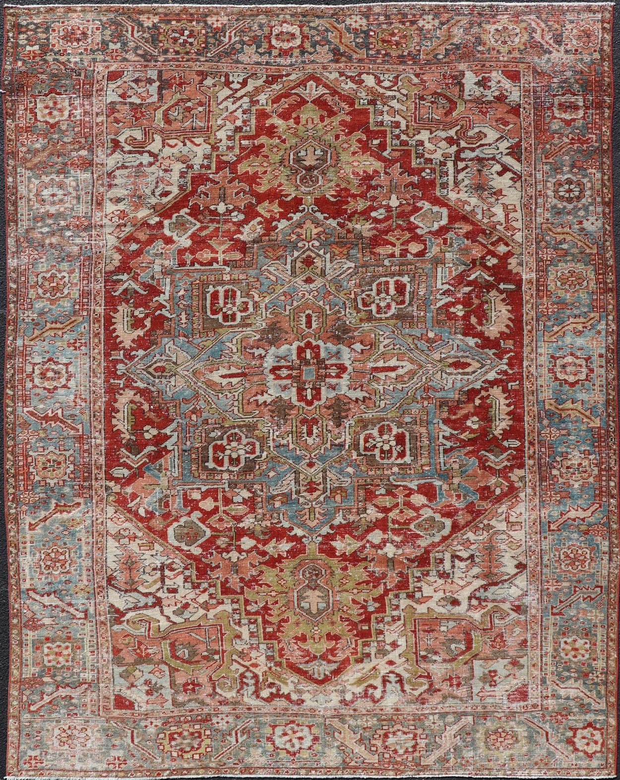 Antique Persian Heriz Rug With Geometric Medallion Design in Red & Soft Colors. Antique Persian Heriz Rug with Geometric Medallion Design. Keivan Woven Arts/ Rug/ EMB - 22193 - 15100, Country/type/ Persian Rug, Heriz. Measures: 6'10 x 9'6 M... - Keivan Woven ArtsEMB - 22193 - 15100 - 20770Rug