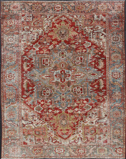 Antique Persian Heriz Rug With Geometric Medallion Design in Red & Soft Colors. Antique Persian Heriz Rug with Geometric Medallion Design. Keivan Woven Arts/ Rug/ EMB - 22193 - 15100, Country/type/ Persian Rug, Heriz. Measures: 6'10 x 9'6 M... - Keivan Woven ArtsEMB - 22193 - 15100 - 20770Rug