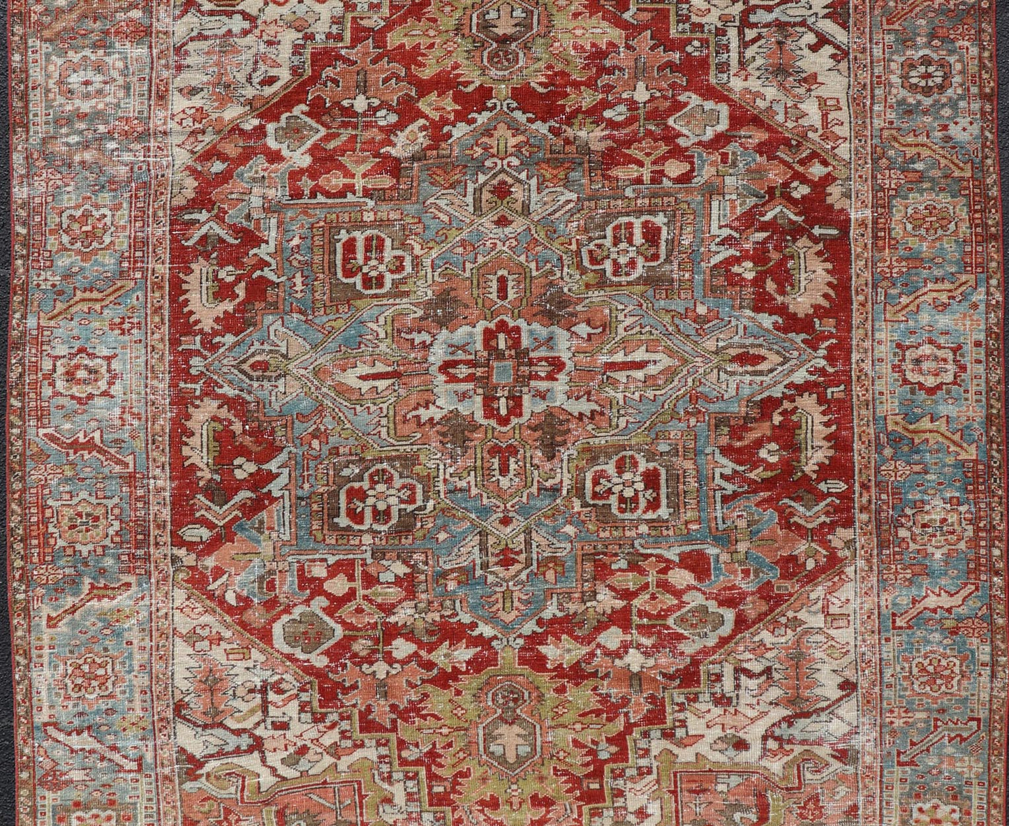 Antique Persian Heriz Rug With Geometric Medallion Design in Red & Soft Colors. Antique Persian Heriz Rug with Geometric Medallion Design. Keivan Woven Arts/ Rug/ EMB - 22193 - 15100, Country/type/ Persian Rug, Heriz. Measures: 6'10 x 9'6 M... - Keivan Woven ArtsEMB - 22193 - 15100 - 20770Rug
