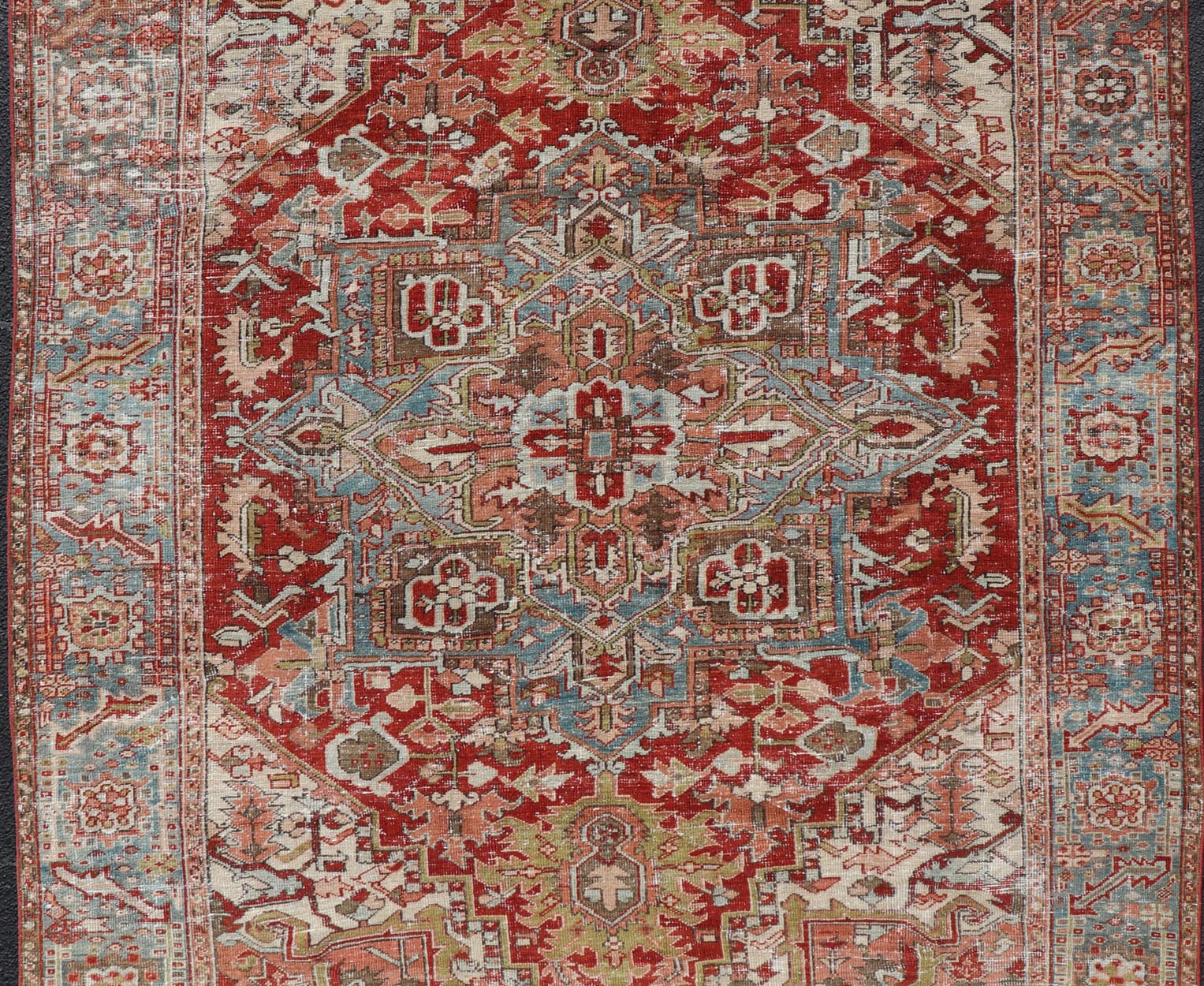 Antique Persian Heriz Rug With Geometric Medallion Design in Red & Soft Colors. Antique Persian Heriz Rug with Geometric Medallion Design. Keivan Woven Arts/ Rug/ EMB - 22193 - 15100, Country/type/ Persian Rug, Heriz. Measures: 6'10 x 9'6 M... - Keivan Woven ArtsEMB - 22193 - 15100 - 20770Rug