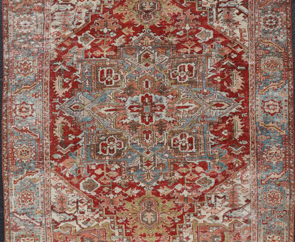 Antique Persian Heriz Rug With Geometric Medallion Design in Red & Soft Colors. Antique Persian Heriz Rug with Geometric Medallion Design. Keivan Woven Arts/ Rug/ EMB - 22193 - 15100, Country/type/ Persian Rug, Heriz. Measures: 6'10 x 9'6 M... - Keivan Woven ArtsEMB - 22193 - 15100 - 20770Rug