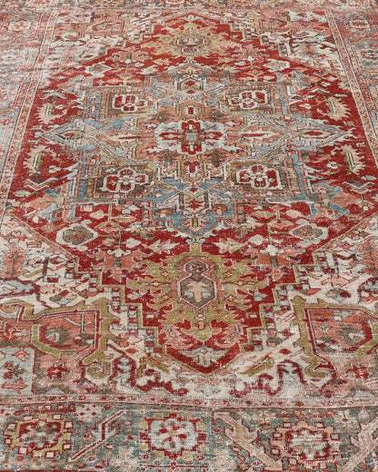 Antique Persian Heriz Rug With Geometric Medallion Design in Red & Soft Colors. Antique Persian Heriz Rug with Geometric Medallion Design. Keivan Woven Arts/ Rug/ EMB - 22193 - 15100, Country/type/ Persian Rug, Heriz. Measures: 6'10 x 9'6 M... - Keivan Woven ArtsEMB - 22193 - 15100 - 20770Rug