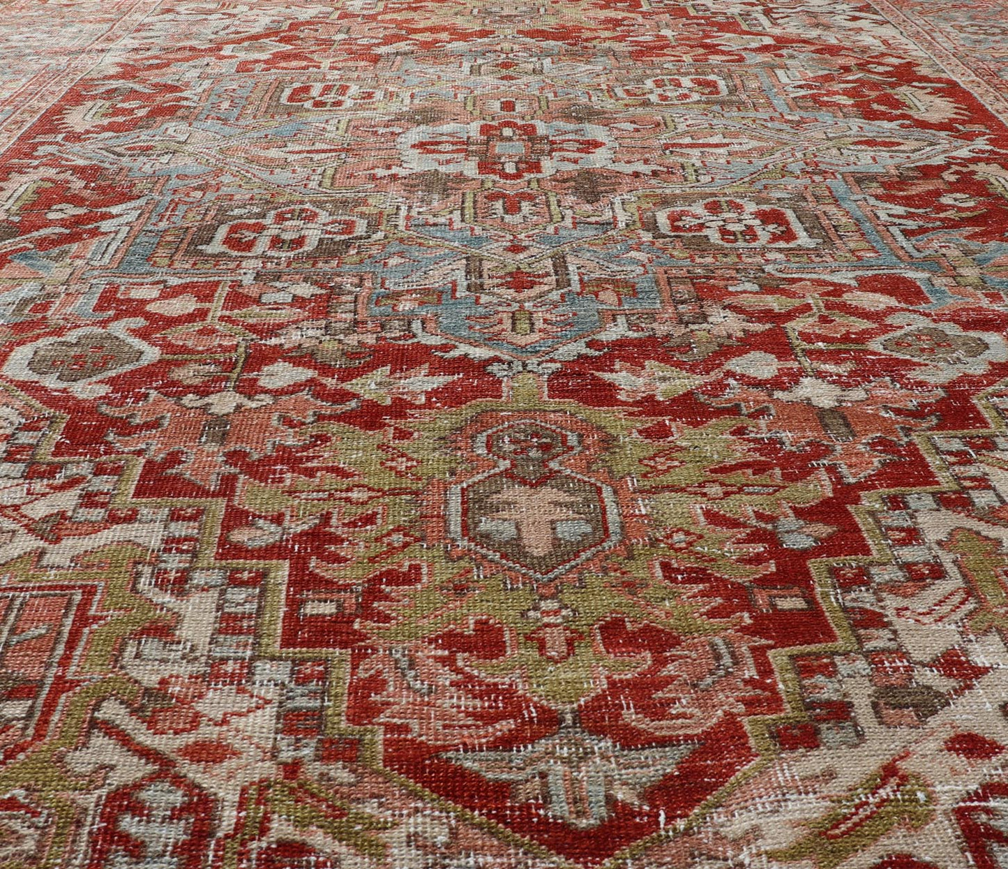 Antique Persian Heriz Rug With Geometric Medallion Design in Red & Soft Colors. Antique Persian Heriz Rug with Geometric Medallion Design. Keivan Woven Arts/ Rug/ EMB - 22193 - 15100, Country/type/ Persian Rug, Heriz. Measures: 6'10 x 9'6 M... - Keivan Woven ArtsEMB - 22193 - 15100 - 20770Rug