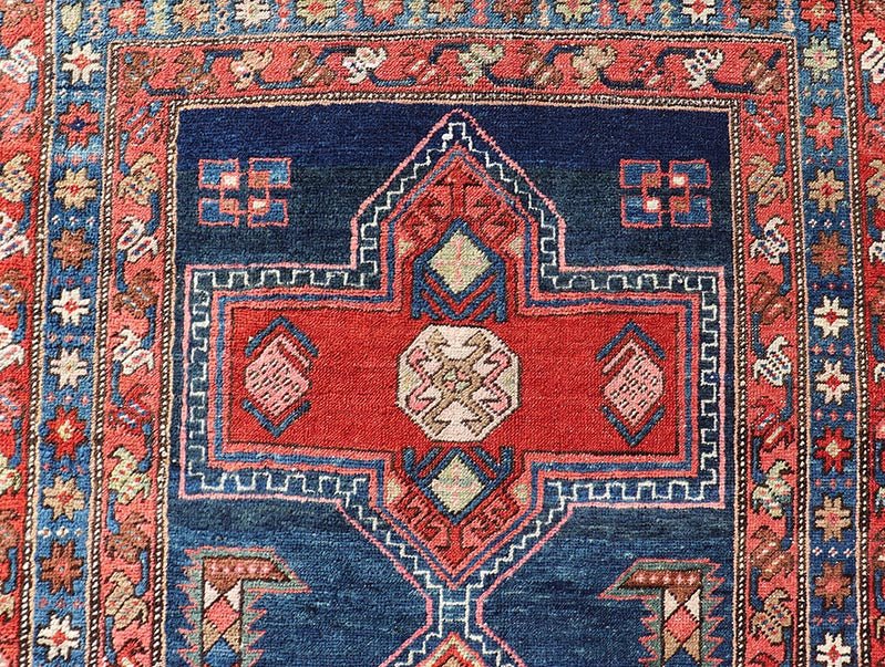 Measures: 3'5 x 13'4 Bold Medallion Design Antique Persian Heriz Runner in Red and Blue Tones. Keivan Woven Arts / rug EMB - 22195 - 15097, country of origin / type: Iran / Heriz, circa 1910 This antique Persian Heriz runner, from northwest Iran... - Keivan Woven ArtsEMB - 22195 - 15097 - 20758