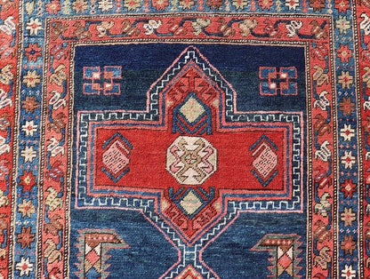 Measures: 3'5 x 13'4 Bold Medallion Design Antique Persian Heriz Runner in Red and Blue Tones. Keivan Woven Arts / rug EMB - 22195 - 15097, country of origin / type: Iran / Heriz, circa 1910 This antique Persian Heriz runner, from northwest Iran... - Keivan Woven ArtsEMB - 22195 - 15097 - 20758