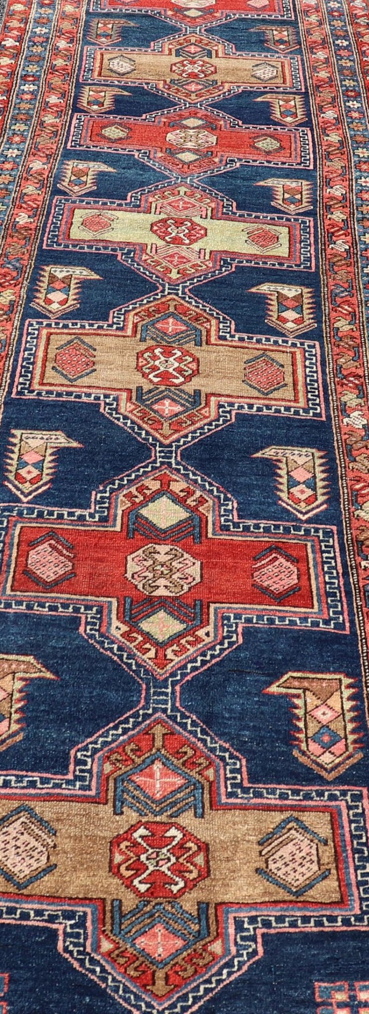 Measures: 3'5 x 13'4 Bold Medallion Design Antique Persian Heriz Runner in Red and Blue Tones. Keivan Woven Arts / rug EMB - 22195 - 15097, country of origin / type: Iran / Heriz, circa 1910 This antique Persian Heriz runner, from northwest Iran... - Keivan Woven ArtsEMB - 22195 - 15097 - 20758