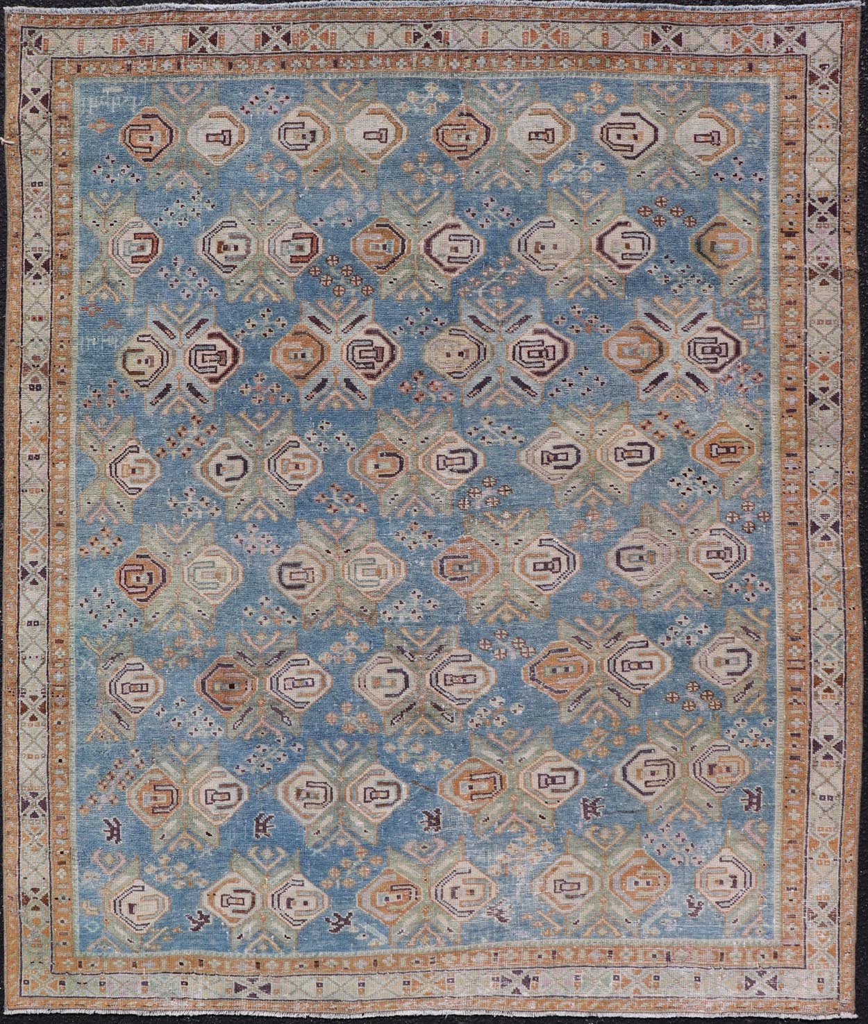 Persian Antique Afshar Rug in Light Blue Background With Tribal Floral Motifs. Keivan Woven Arts / rug EMB - 22196 - 15093, origin/Iran early - 20th century. Afshar Measures: 4'1 x 5'0 Handwoven by Afshar tribal artisan in southeastern Iran, the piece... - Keivan Woven ArtsEMB - 22196 - 15093 - 20740