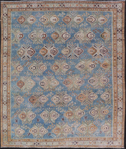 Persian Antique Afshar Rug in Light Blue Background With Tribal Floral Motifs. Keivan Woven Arts / rug EMB - 22196 - 15093, origin/Iran early - 20th century. Afshar Measures: 4'1 x 5'0 Handwoven by Afshar tribal artisan in southeastern Iran, the piece... - Keivan Woven ArtsEMB - 22196 - 15093 - 20740