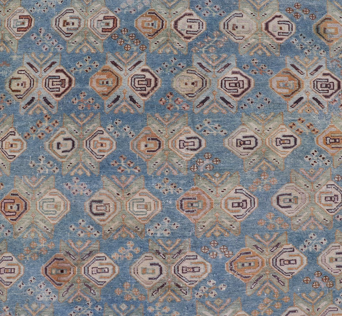 Persian Antique Afshar Rug in Light Blue Background With Tribal Floral Motifs. Keivan Woven Arts / rug EMB - 22196 - 15093, origin/Iran early - 20th century. Afshar Measures: 4'1 x 5'0 Handwoven by Afshar tribal artisan in southeastern Iran, the piece... - Keivan Woven ArtsEMB - 22196 - 15093 - 20740