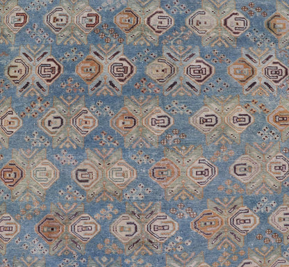 Persian Antique Afshar Rug in Light Blue Background With Tribal Floral Motifs. Keivan Woven Arts / rug EMB - 22196 - 15093, origin/Iran early - 20th century. Afshar Measures: 4'1 x 5'0 Handwoven by Afshar tribal artisan in southeastern Iran, the piece... - Keivan Woven ArtsEMB - 22196 - 15093 - 20740