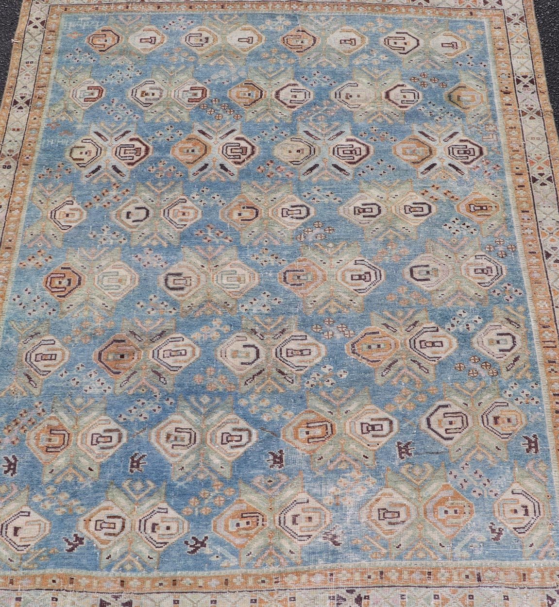 Persian Antique Afshar Rug in Light Blue Background With Tribal Floral Motifs. Keivan Woven Arts / rug EMB - 22196 - 15093, origin/Iran early - 20th century. Afshar Measures: 4'1 x 5'0 Handwoven by Afshar tribal artisan in southeastern Iran, the piece... - Keivan Woven ArtsEMB - 22196 - 15093 - 20740