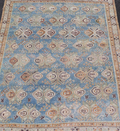 Persian Antique Afshar Rug in Light Blue Background With Tribal Floral Motifs. Keivan Woven Arts / rug EMB - 22196 - 15093, origin/Iran early - 20th century. Afshar Measures: 4'1 x 5'0 Handwoven by Afshar tribal artisan in southeastern Iran, the piece... - Keivan Woven ArtsEMB - 22196 - 15093 - 20740