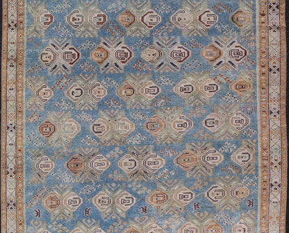 Persian Antique Afshar Rug in Light Blue Background With Tribal Floral Motifs. Keivan Woven Arts / rug EMB - 22196 - 15093, origin/Iran early - 20th century. Afshar Measures: 4'1 x 5'0 Handwoven by Afshar tribal artisan in southeastern Iran, the piece... - Keivan Woven ArtsEMB - 22196 - 15093 - 20740Rug