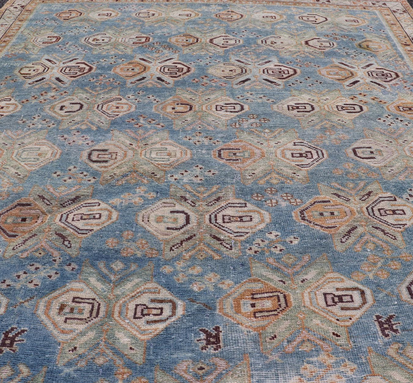 Persian Antique Afshar Rug in Light Blue Background With Tribal Floral Motifs. Keivan Woven Arts / rug EMB - 22196 - 15093, origin/Iran early - 20th century. Afshar Measures: 4'1 x 5'0 Handwoven by Afshar tribal artisan in southeastern Iran, the piece... - Keivan Woven ArtsEMB - 22196 - 15093 - 20740Rug
