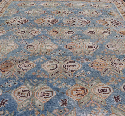 Persian Antique Afshar Rug in Light Blue Background With Tribal Floral Motifs. Keivan Woven Arts / rug EMB - 22196 - 15093, origin/Iran early - 20th century. Afshar Measures: 4'1 x 5'0 Handwoven by Afshar tribal artisan in southeastern Iran, the piece... - Keivan Woven ArtsEMB - 22196 - 15093 - 20740Rug