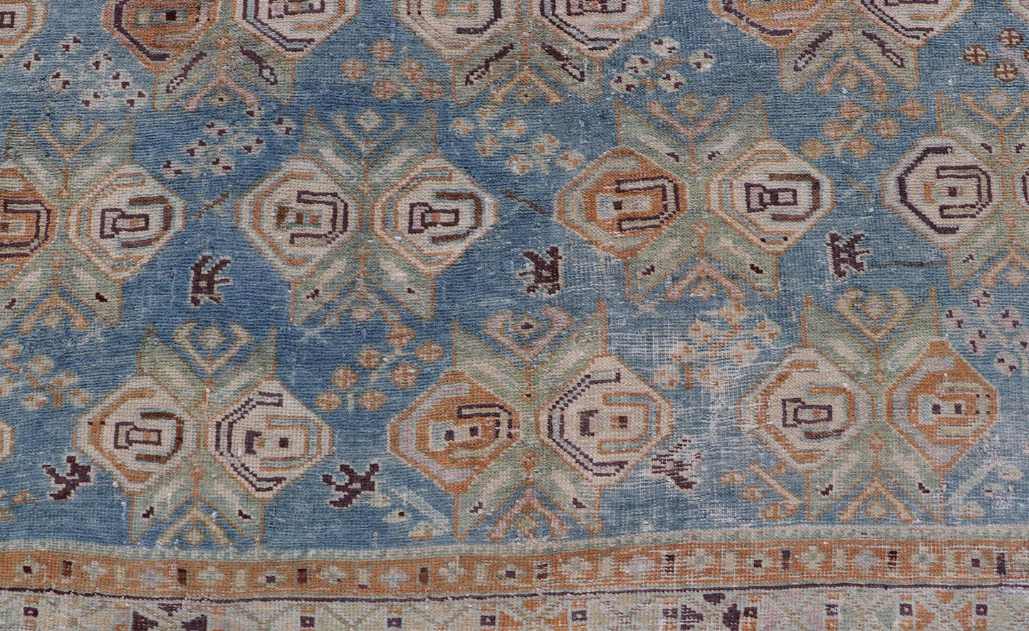 Persian Antique Afshar Rug in Light Blue Background With Tribal Floral Motifs. Keivan Woven Arts / rug EMB - 22196 - 15093, origin/Iran early - 20th century. Afshar Measures: 4'1 x 5'0 Handwoven by Afshar tribal artisan in southeastern Iran, the piece... - Keivan Woven ArtsEMB - 22196 - 15093 - 20740Rug