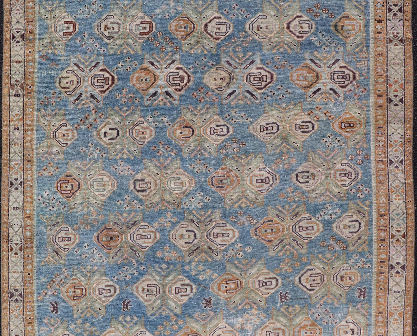 Persian Antique Afshar Rug in Light Blue Background With Tribal Floral Motifs. Keivan Woven Arts / rug EMB - 22196 - 15093, origin/Iran early - 20th century. Afshar Measures: 4'1 x 5'0 Handwoven by Afshar tribal artisan in southeastern Iran, the piece... - Keivan Woven ArtsEMB - 22196 - 15093 - 20740