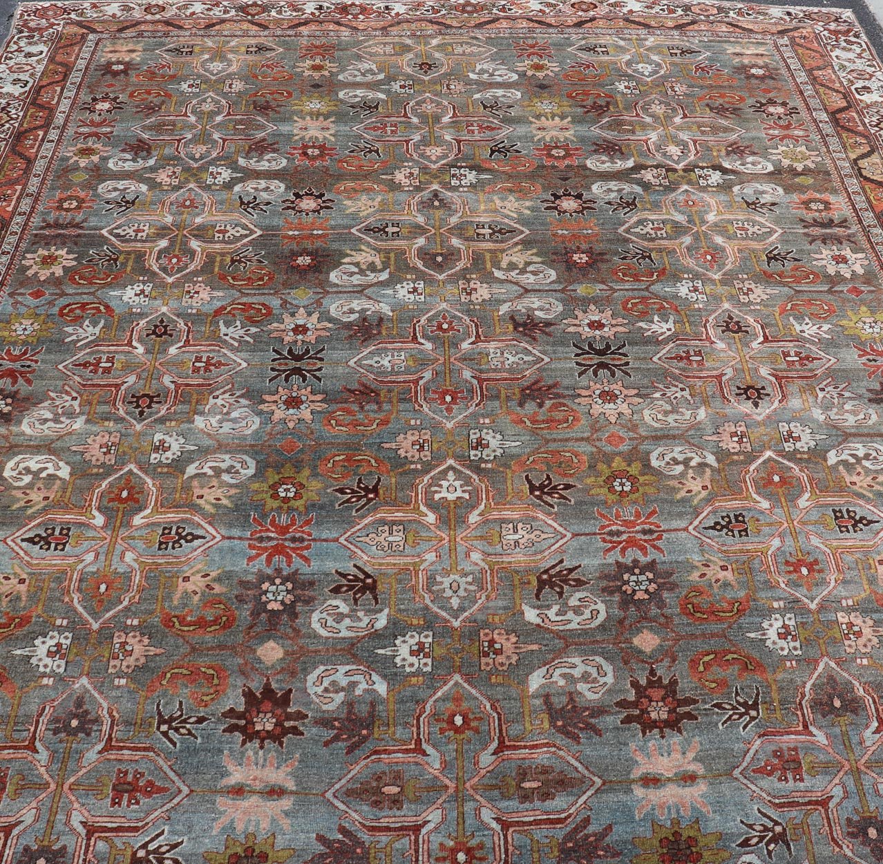 Antique Persian Bidjar in Geometric Design in Blue - Gray Background & Multi Color. Keivan Woven Arts - rug/ EMB - 22197 - 15452, Large Persian rug, All - Over design Bidjar, Large Bidjar, Late 19th Century. Measures: 9'10 x 14'9 This magnificent Persia... - Keivan Woven ArtsEMB - 22197 - 15452 - 21107