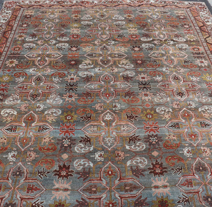 Antique Persian Bidjar in Geometric Design in Blue - Gray Background & Multi Color. Keivan Woven Arts - rug/ EMB - 22197 - 15452, Large Persian rug, All - Over design Bidjar, Large Bidjar, Late 19th Century. Measures: 9'10 x 14'9 This magnificent Persia... - Keivan Woven ArtsEMB - 22197 - 15452 - 21107