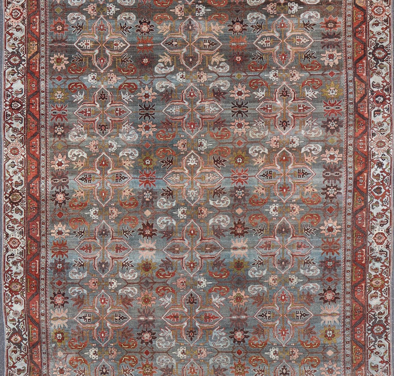 Antique Persian Bidjar in Geometric Design in Blue - Gray Background & Multi Color. Keivan Woven Arts - rug/ EMB - 22197 - 15452, Large Persian rug, All - Over design Bidjar, Large Bidjar, Late 19th Century. Measures: 9'10 x 14'9 This magnificent Persia... - Keivan Woven ArtsEMB - 22197 - 15452 - 21107