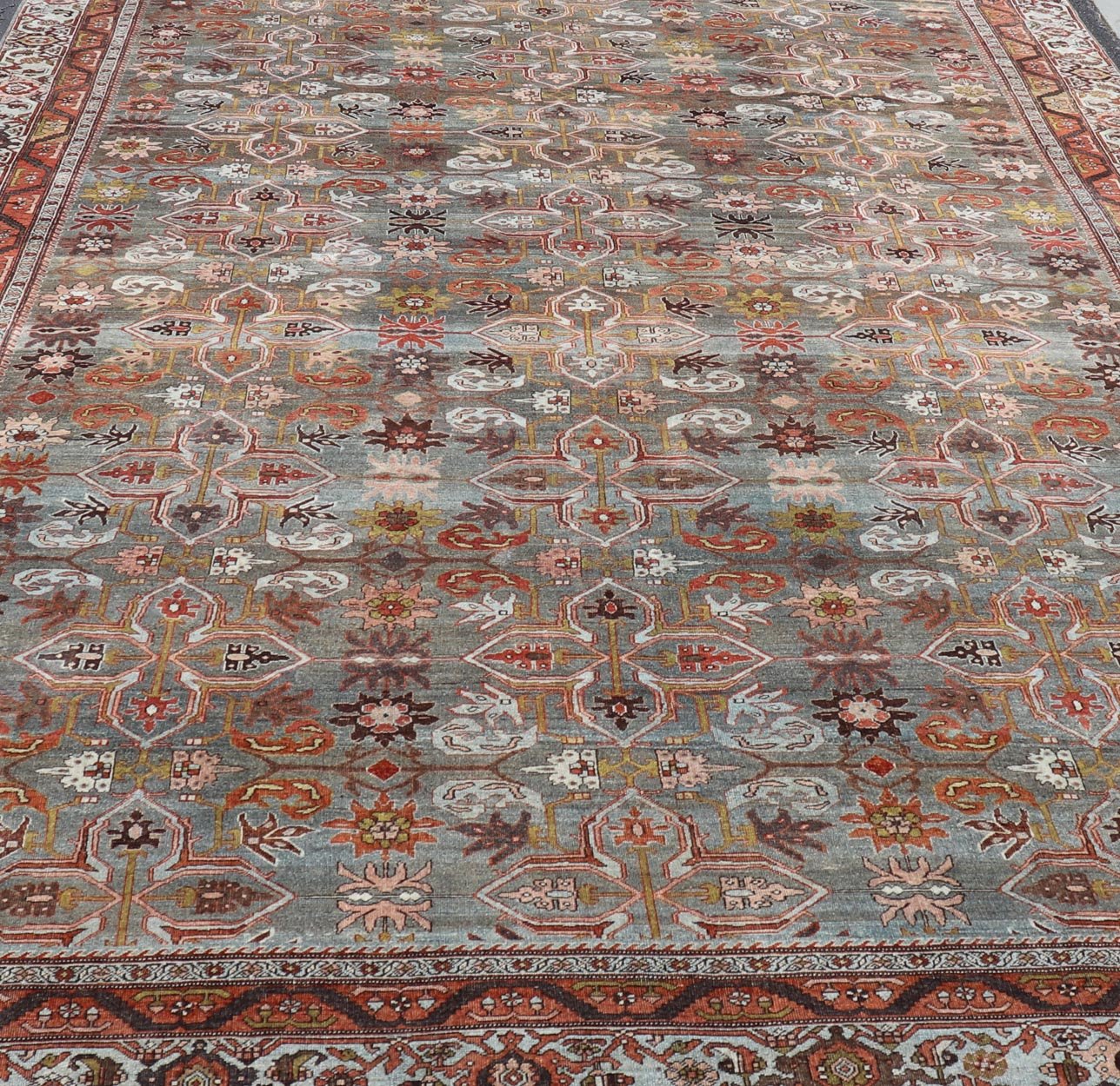 Antique Persian Bidjar in Geometric Design in Blue - Gray Background & Multi Color. Keivan Woven Arts - rug/ EMB - 22197 - 15452, Large Persian rug, All - Over design Bidjar, Large Bidjar, Late 19th Century. Measures: 9'10 x 14'9 This magnificent Persia... - Keivan Woven ArtsEMB - 22197 - 15452 - 21107