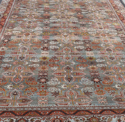 Antique Persian Bidjar in Geometric Design in Blue - Gray Background & Multi Color. Keivan Woven Arts - rug/ EMB - 22197 - 15452, Large Persian rug, All - Over design Bidjar, Large Bidjar, Late 19th Century. Measures: 9'10 x 14'9 This magnificent Persia... - Keivan Woven ArtsEMB - 22197 - 15452 - 21107
