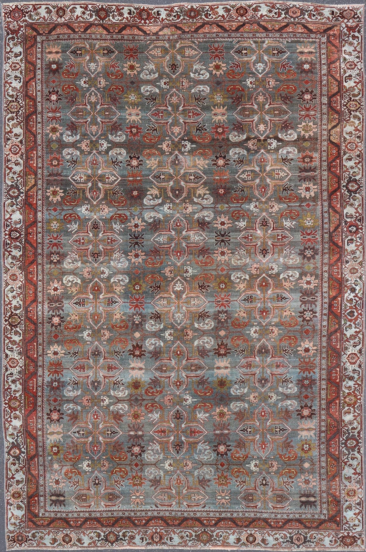 Antique Persian Bidjar in Geometric Design in Blue - Gray Background & Multi Color. Keivan Woven Arts - rug/ EMB - 22197 - 15452, Large Persian rug, All - Over design Bidjar, Large Bidjar, Late 19th Century. Measures: 9'10 x 14'9 This magnificent Persia... - Keivan Woven ArtsEMB - 22197 - 15452 - 21107Rug