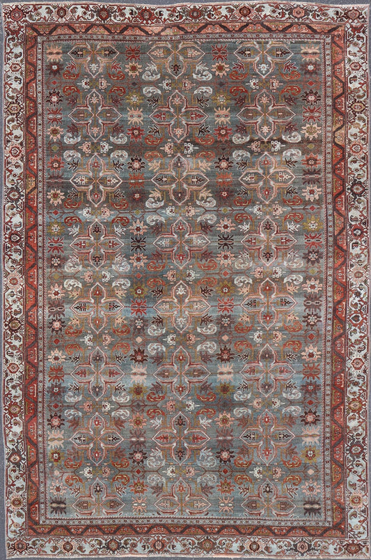 Antique Persian Bidjar in Geometric Design in Blue - Gray Background & Multi Color. Keivan Woven Arts - rug/ EMB - 22197 - 15452, Large Persian rug, All - Over design Bidjar, Large Bidjar, Late 19th Century. Measures: 9'10 x 14'9 This magnificent Persia... - Keivan Woven ArtsEMB - 22197 - 15452 - 21107Rug