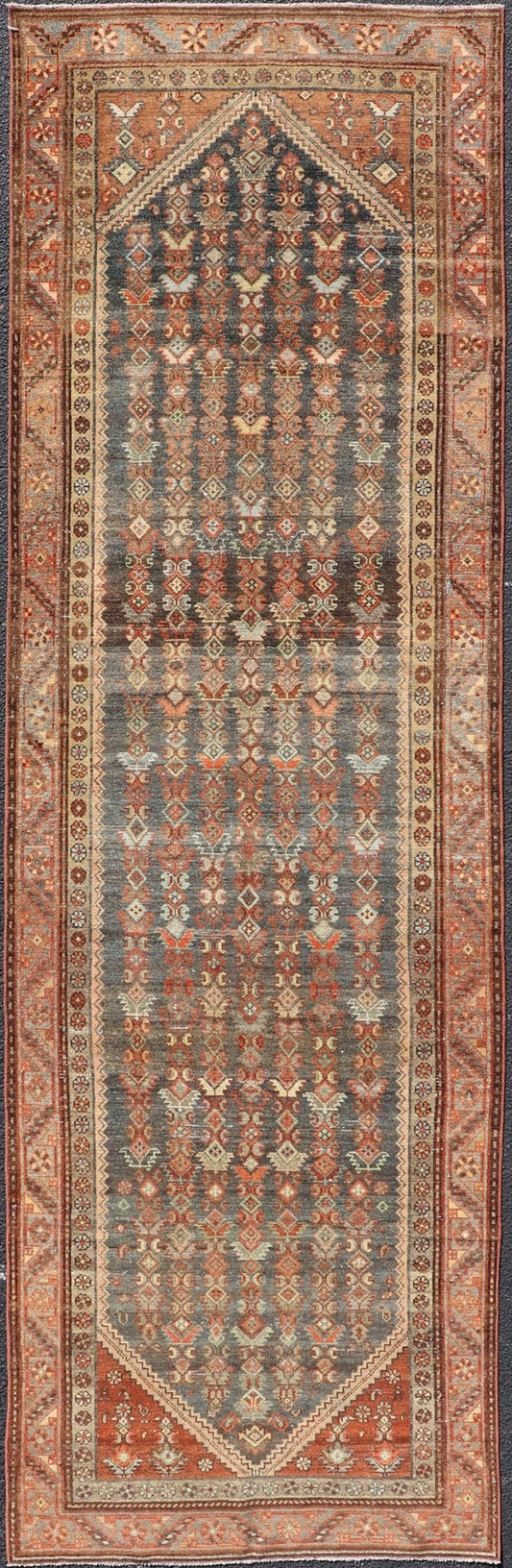 Measures: 3'3 x 10'8 Antique Persian Hamadan Runner with Sub - Geometric Tribal Motif Design. Keivan Woven Arts; rug EMB - 22198 - 15096; country of origin / type: Persian / Hamadan, circa 1920. This antique Persian Hamadan rug features a sub - geome... - Keivan Woven ArtsEMB - 22198 - 15096 - 20752