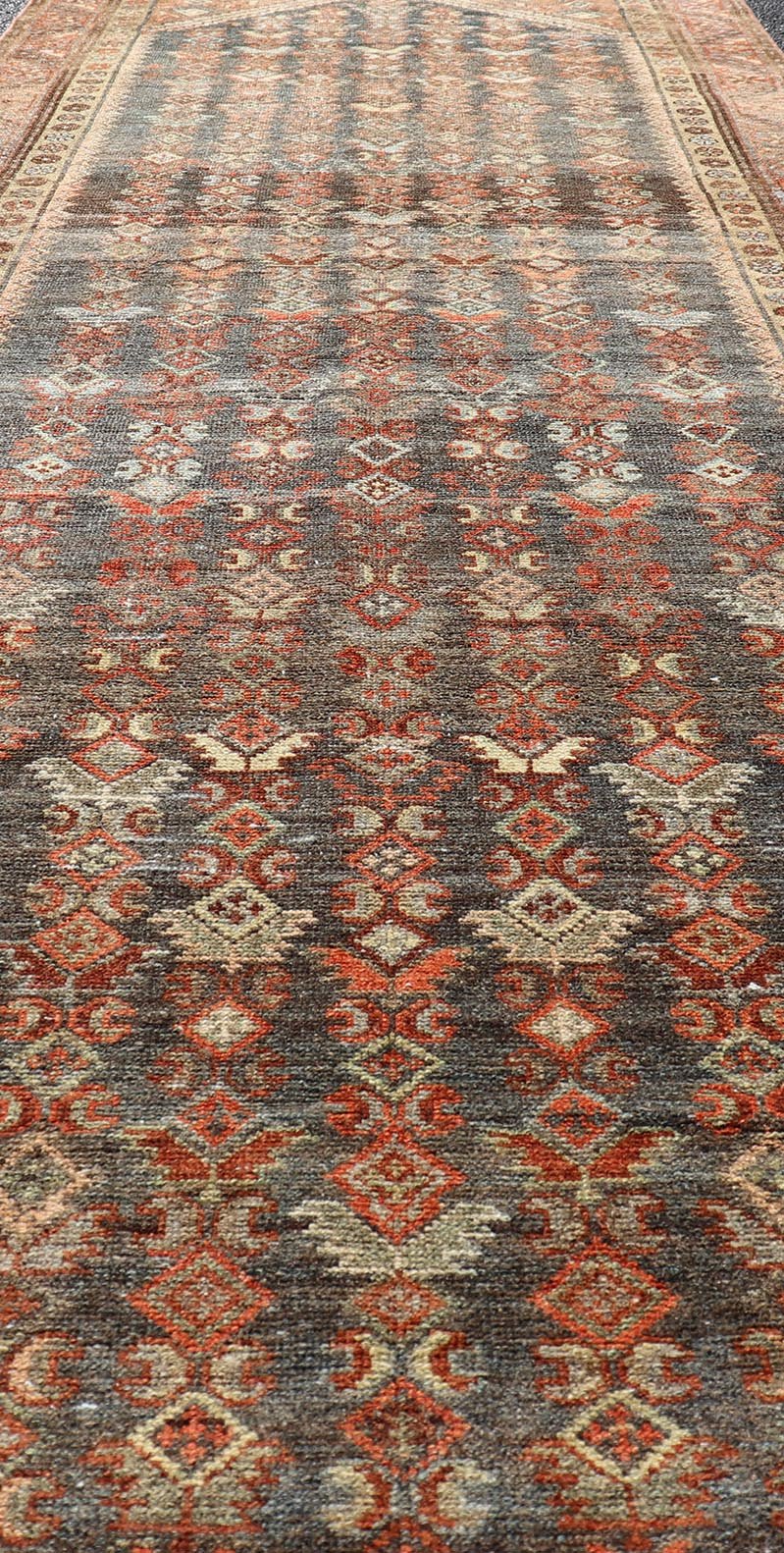 Measures: 3'3 x 10'8 Antique Persian Hamadan Runner with Sub - Geometric Tribal Motif Design. Keivan Woven Arts; rug EMB - 22198 - 15096; country of origin / type: Persian / Hamadan, circa 1920. This antique Persian Hamadan rug features a sub - geome... - Keivan Woven ArtsEMB - 22198 - 15096 - 20752