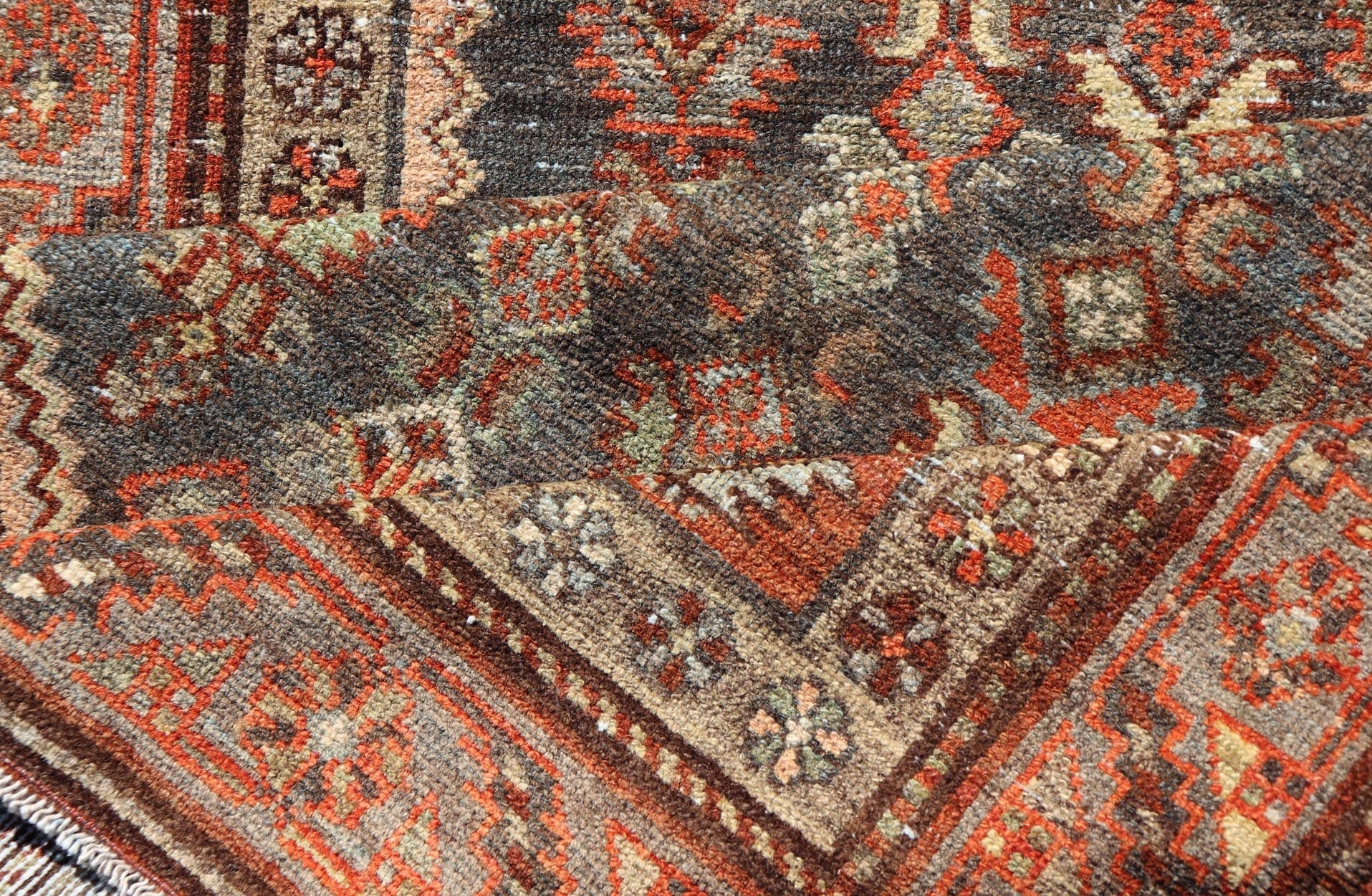 Measures: 3'3 x 10'8 Antique Persian Hamadan Runner with Sub - Geometric Tribal Motif Design. Keivan Woven Arts; rug EMB - 22198 - 15096; country of origin / type: Persian / Hamadan, circa 1920. This antique Persian Hamadan rug features a sub - geome... - Keivan Woven ArtsEMB - 22198 - 15096 - 20752