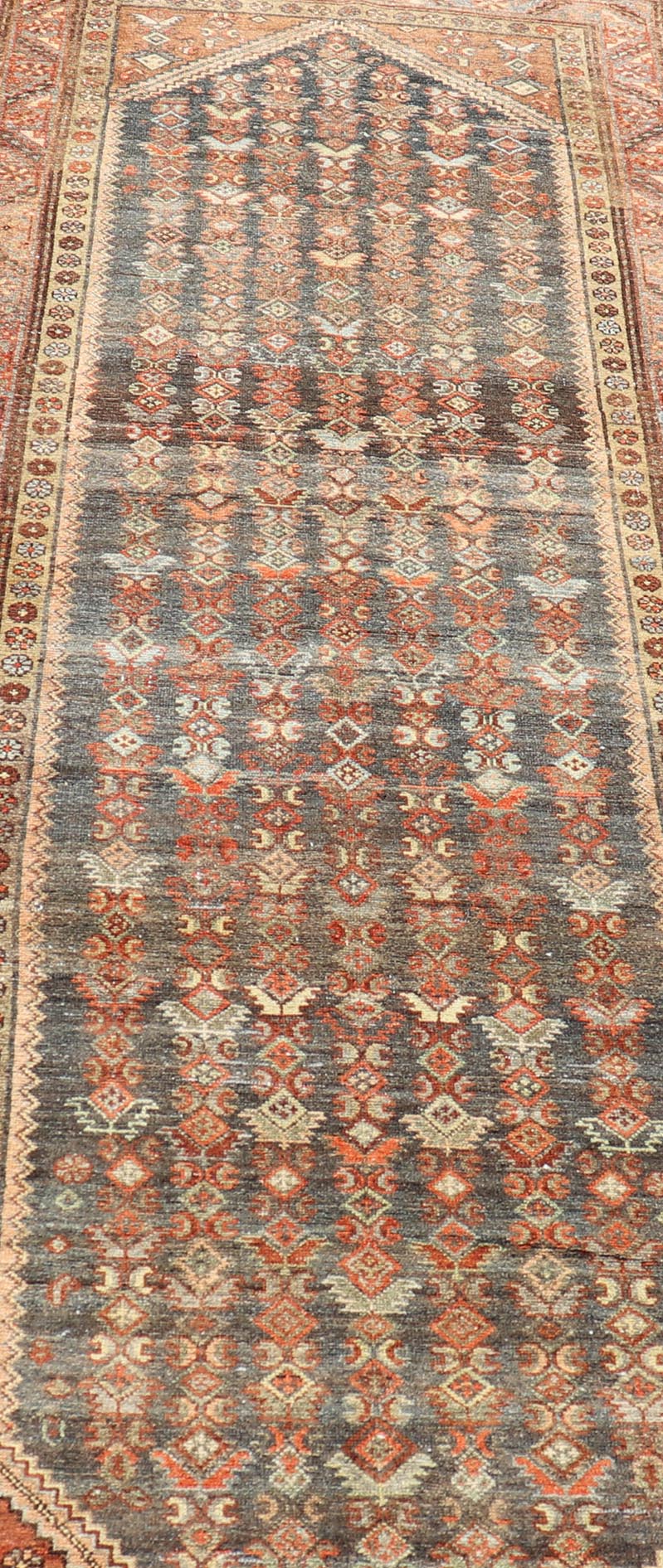 Measures: 3'3 x 10'8 Antique Persian Hamadan Runner with Sub - Geometric Tribal Motif Design. Keivan Woven Arts; rug EMB - 22198 - 15096; country of origin / type: Persian / Hamadan, circa 1920. This antique Persian Hamadan rug features a sub - geome... - Keivan Woven ArtsEMB - 22198 - 15096 - 20752