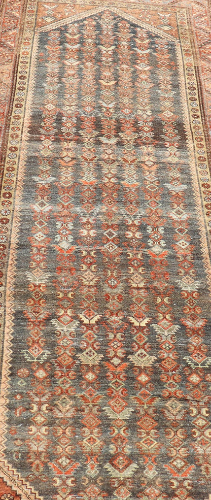 Measures: 3'3 x 10'8 Antique Persian Hamadan Runner with Sub - Geometric Tribal Motif Design. Keivan Woven Arts; rug EMB - 22198 - 15096; country of origin / type: Persian / Hamadan, circa 1920. This antique Persian Hamadan rug features a sub - geome... - Keivan Woven ArtsEMB - 22198 - 15096 - 20752