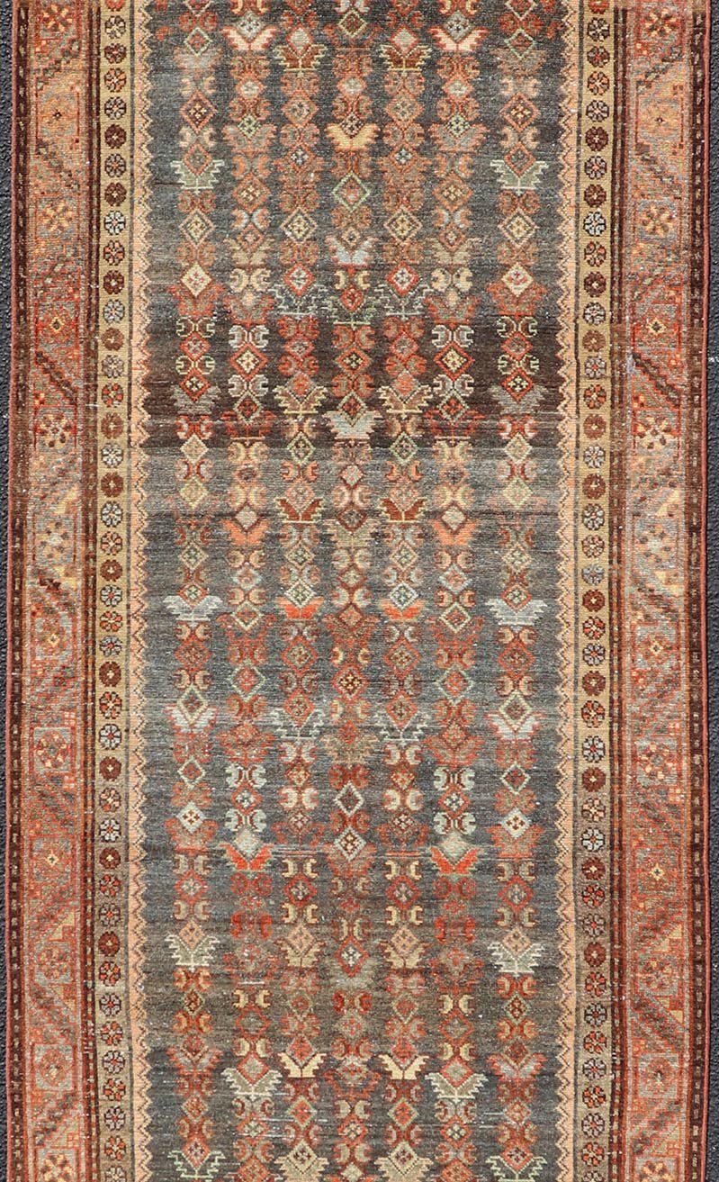 Measures: 3'3 x 10'8 Antique Persian Hamadan Runner with Sub - Geometric Tribal Motif Design. Keivan Woven Arts; rug EMB - 22198 - 15096; country of origin / type: Persian / Hamadan, circa 1920. This antique Persian Hamadan rug features a sub - geome... - Keivan Woven ArtsEMB - 22198 - 15096 - 20752